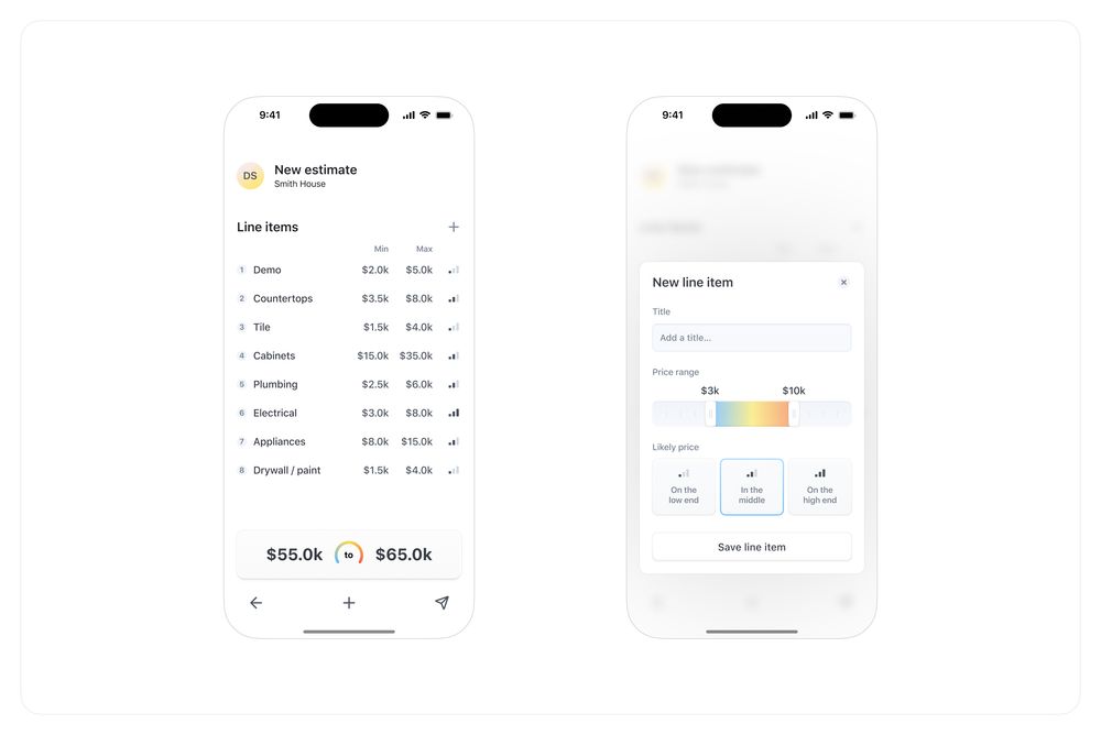 A mobile interface for a project estimating tool. It shows several line items, each having a minimum cost and a maximum cost. At the bottom of the primary view is a range for the likely cost. A second screen shows the UI for adding a new line item. A line item can have a title, a price range, and a likely price that can either be on the low end, in the middle, or on the high end.