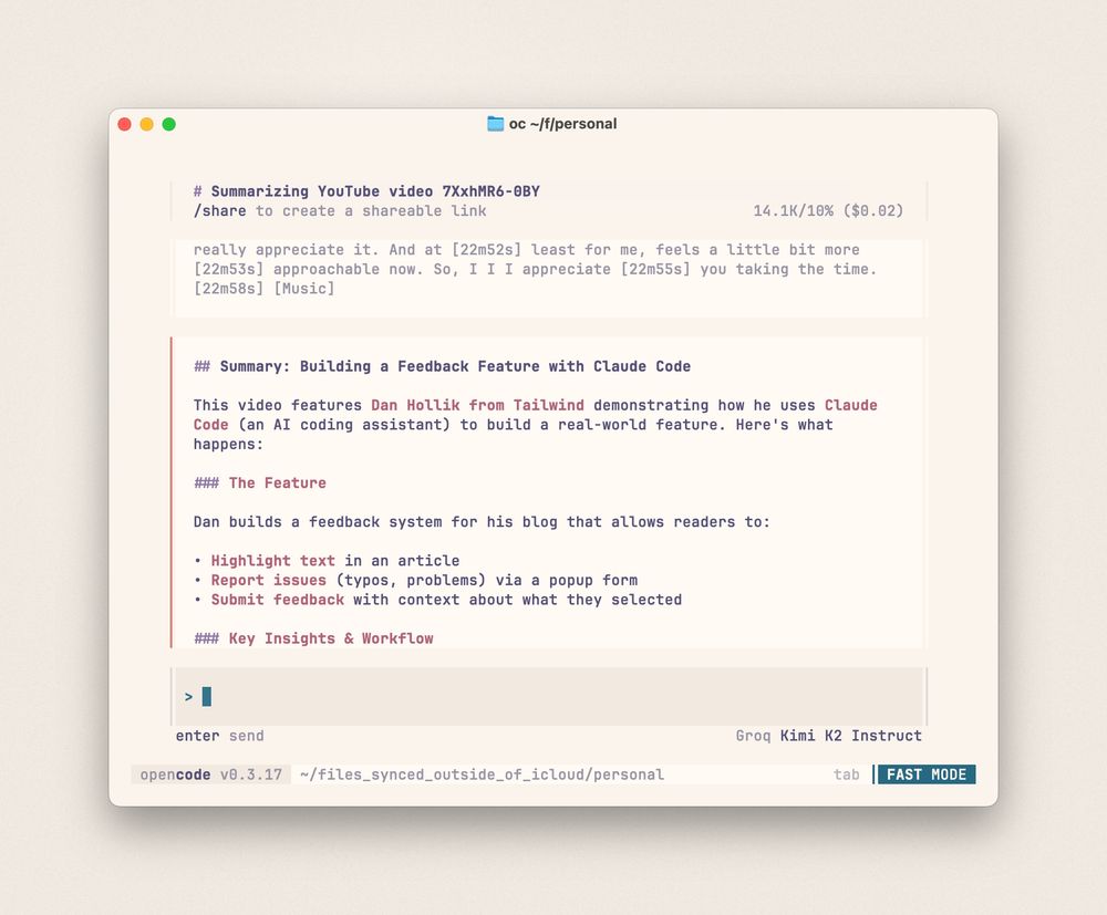 A screenshot of a terminal interface. Showing the LLM responding with details about a YouTube video.