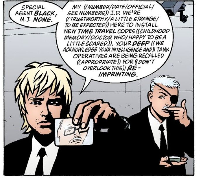 Panel from the comic The Invisibles, in which a psychic wizard uses a small mirrored card and neurolinguistic magic to convince a top secret facility employee that he has authorization to enter a restricted area