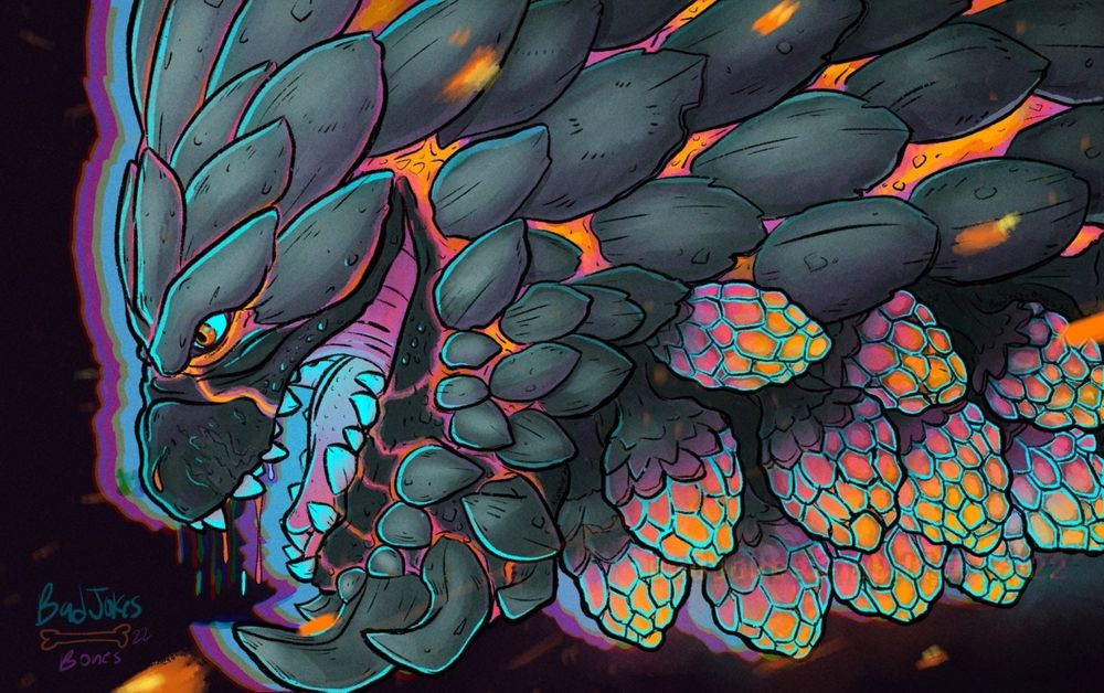 Monster Hunter fanart. Image depicts a portrait of the wyvern Bazelgeuse. It has a neon, glowing orange, pink and turquoise pallette. 