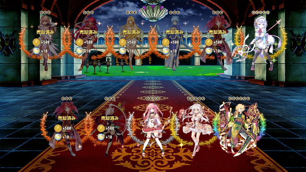 「フラワーナイトガール」11連ガチャ結果画面のスクリーンショット。
☆6アカシア[新春]をGET！