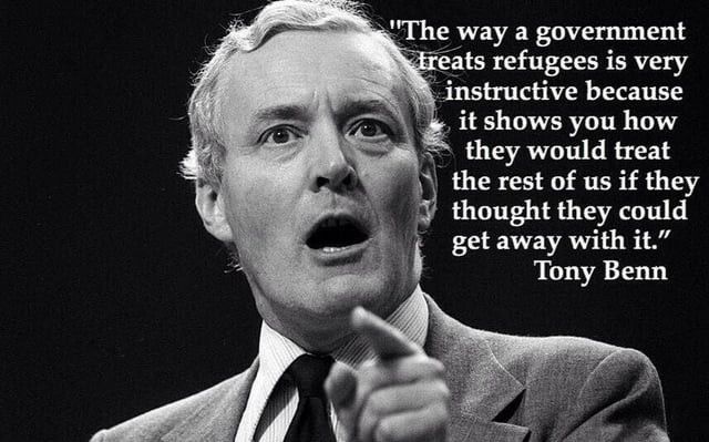 Classic b&w photo of the superb british mp Tony Benn RIP.  He is orating, finger pointed for emphasis “The way a government treats refugees is very instructive because it shows you how they would treat the rest of us if they thought they could get away with it”      …an eternal truism from one of the greatest men, this quote old now, last century i think… I really should’ve checked before i started this alt.. 
