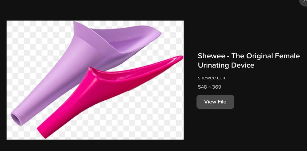 screenshot:  2 funnels side by side.  1st is larger, lilac color.  2nd is smaller, bright pink. 
Text label says ‘Shewee - The Original Female Urinating Device.  Shewee•com 348 x 369 view file’