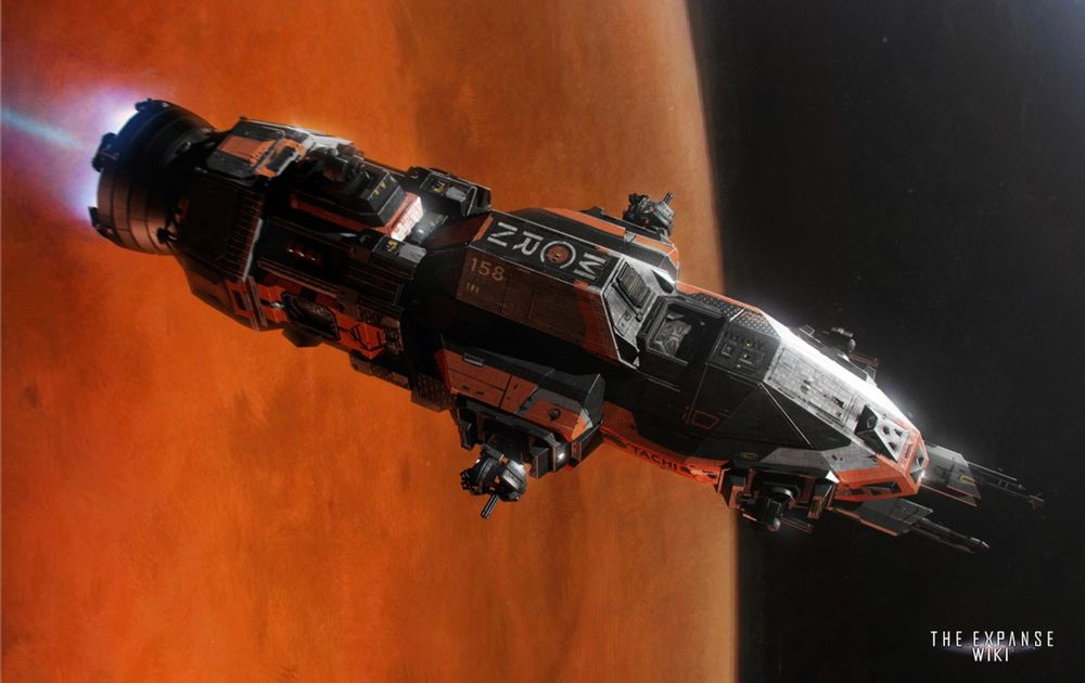 The Rosinante from the Expanse flying past Mars