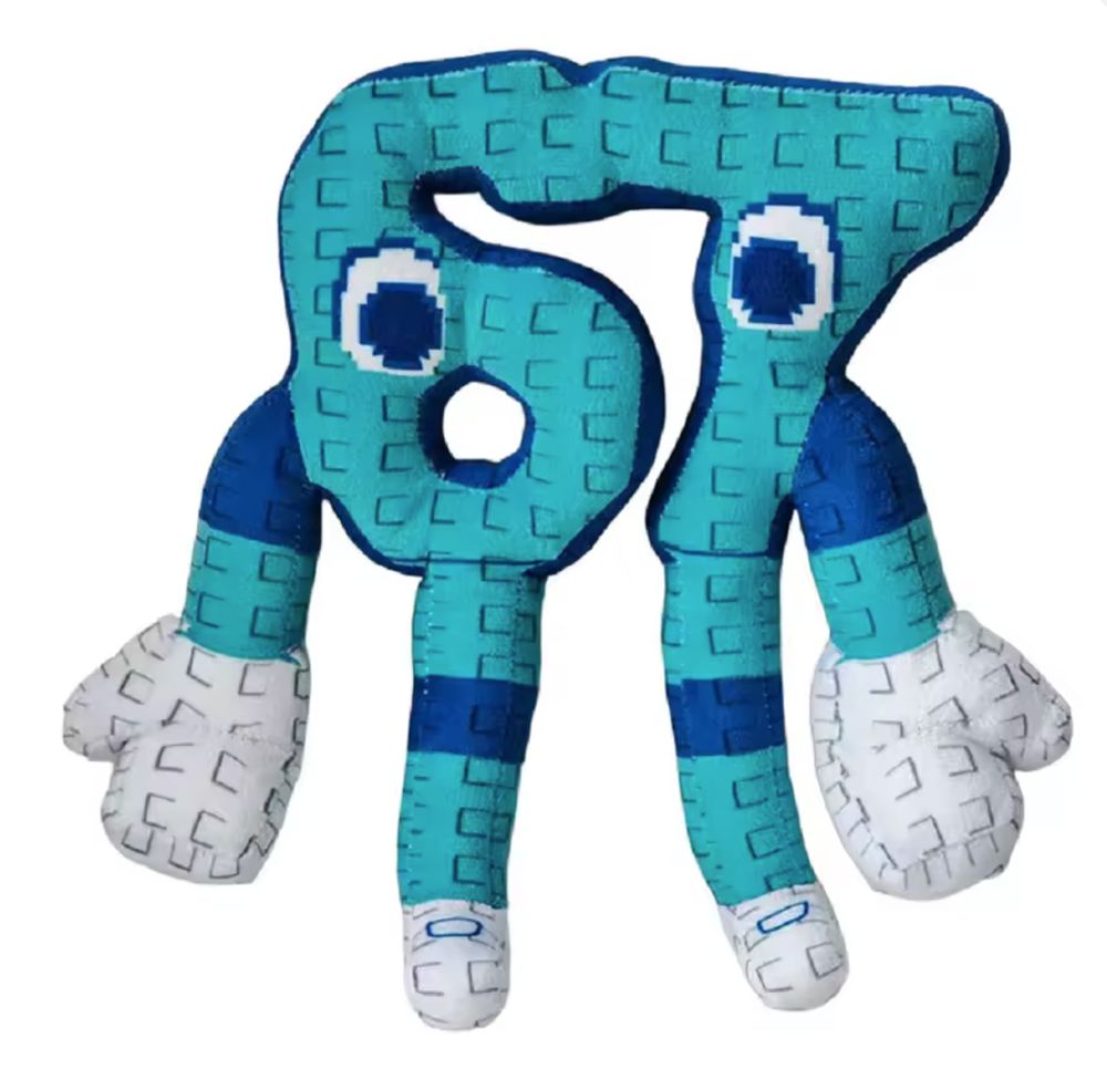 A blue and white plushie in the shape of the digits "6 7"