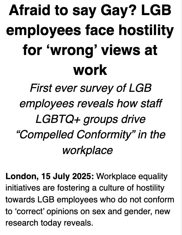 Press release saying: fraid to say Gay? LGB employees face hostility for ‘wrong’ views at work

First ever survey of LGB employees reveals how staff LGBTQ+ groups drive “Compelled Conformity” in the workplace  

 

London, 15 July 2025: Workplace equality initiatives are fostering a culture of hostility towards LGB employees who do not conform to ‘correct’ opinions on sex and gender, new research today reveals.