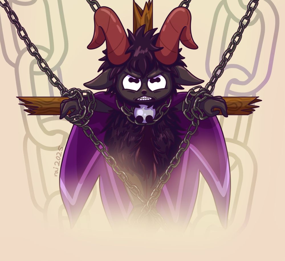 A digital drawing of the Goat from Cult of the Lamb. The Goat is chained to a wooden cross with one chain around each of their arms and another chain around their neck. The foreground is misty and large chains can be seen in the background, resembling Narinder's prison. The Goat is glaring upwards.