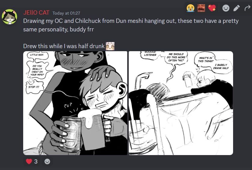 Jello Cat (me) posting a fan comic between his oc and Chilchuck from Dungeon meshi interacting