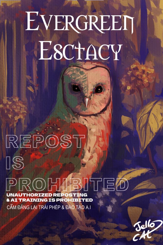 A painting of a barn owl with title that reads "Evergreen Ecstasy"