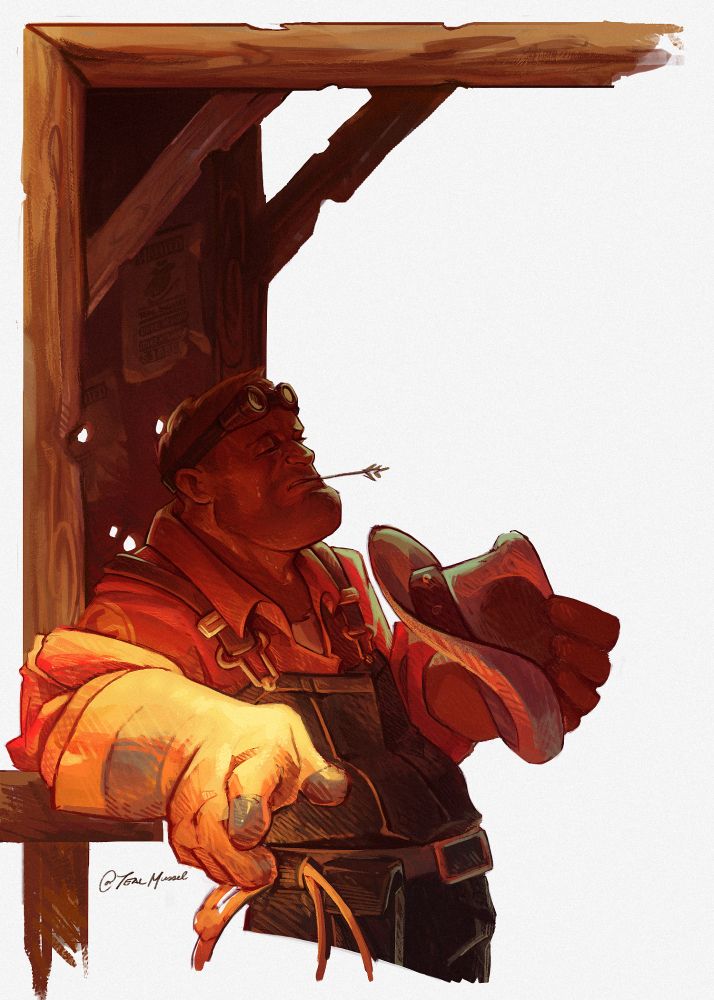 Engineer from Team Fortress 2 under an outdoor bulletin board. The sun shines brightly on his glove while he fans himself with his cowboy hat in the shade.