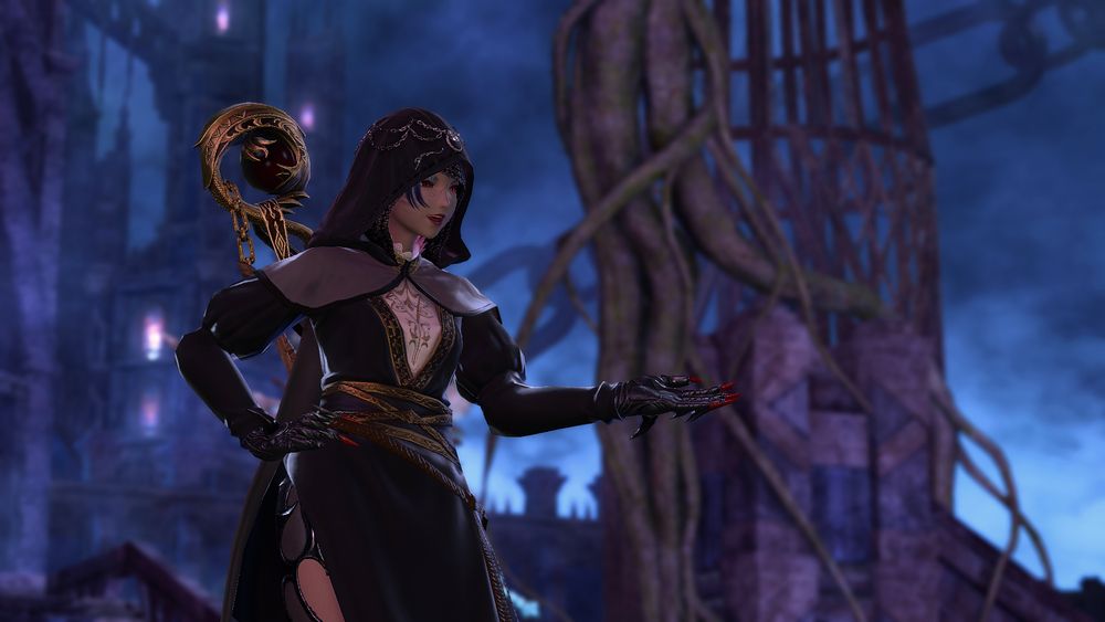 Sahri standing before one of the large swinging cages in Pandaemonium, dressed in dark black robes decorated in gold and silver chains with a whole "evil nun" aesthetic going on bc I'm in danger