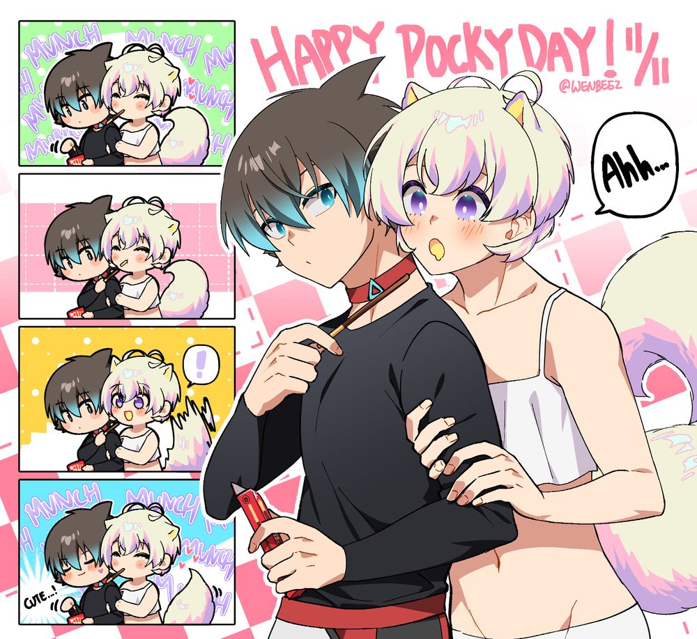 A combination of an illustration and mini comic, featuring my OCs Sol and Teal.

In the illustration, Teal is grabbing Sol by the arm, opening his mouth to eat a pocky Sol is offering to him.

In the mini comic, Teal is munching away at the first pocky while Sol takes out another one for him. Surprised, Teal takes it and continues to eat. Sol smiles and thinks to himself, "cute..!".