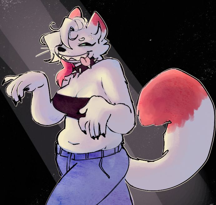 Rendered digital illustration of my furry anthro oc Cassidy. She is pictured here in a dark background with a light shining in from the top left corner. She has a black tube top on and blue jeans and a spiked collar around her neck
