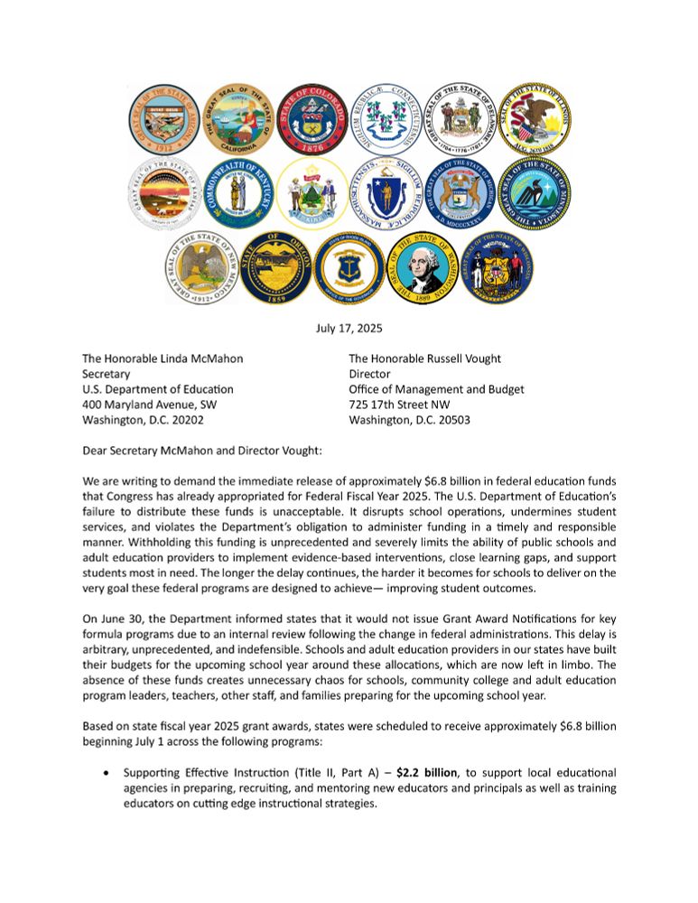 Governor JB Pritzker led an effort with governors from 16 states calling upon Secretary of Education Linda McMahon to release approximately $6.8 billion that the Trump Administration is withholding from schools and students across America, including in Illinois.