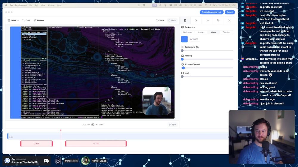 Screenshot of a moment of my Twitch stream. My display, with the cap.so editor open, takes up most of the screen, with chat to the right and my webcam in the bottom right, slightly overlapping with the display.
The gap underneath the display contains Discord StreamKit elements: A link to the Cap discord and the people in a voice chat with me - just me and Richie.
There's padding between most of the elements, and around the edges, where moving white dots with lines connecting them on a blue background can be seen.