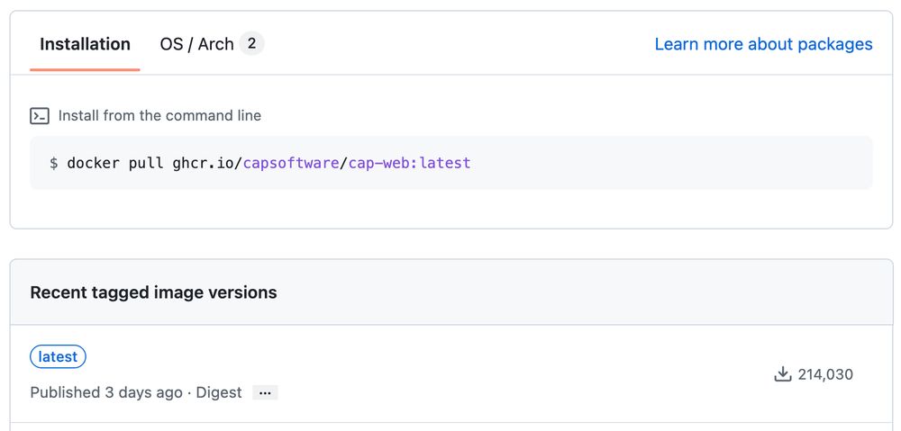 A screenshot of the cap-web docker image page on github. The latest version is shown to be published 3 days ago and has over 200,000 downloads - I swear they're not from us!