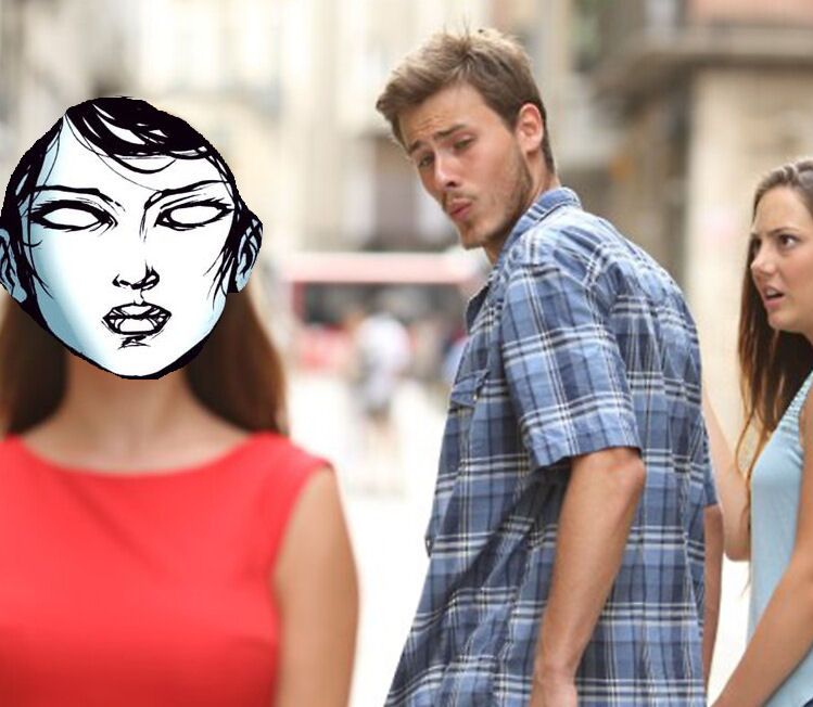 The boyfriend looking at other girl meme. The girl in question is me, Rose (the avi from my pfp haphazardly cut & pasted into the meme).