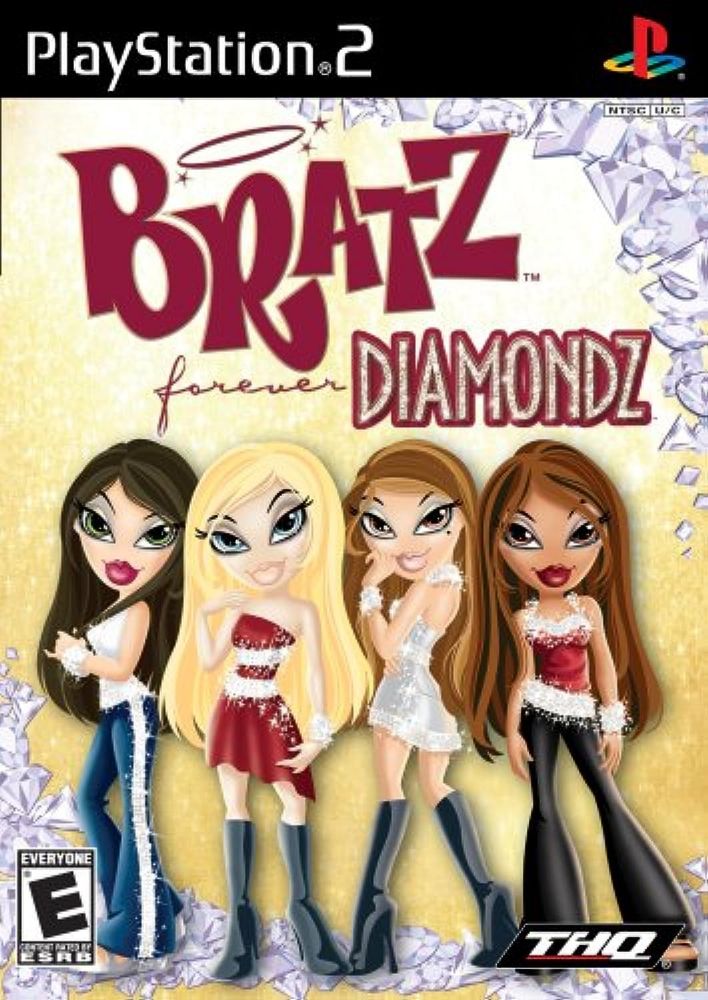 the game cover of bratz forever diamondz for the playstation 2; a tacky, bedazzled, gold and silver monstrosity with the four bratz in y2k bedazzled clothes standing below gaudy red and gold text displaying the game's title. 