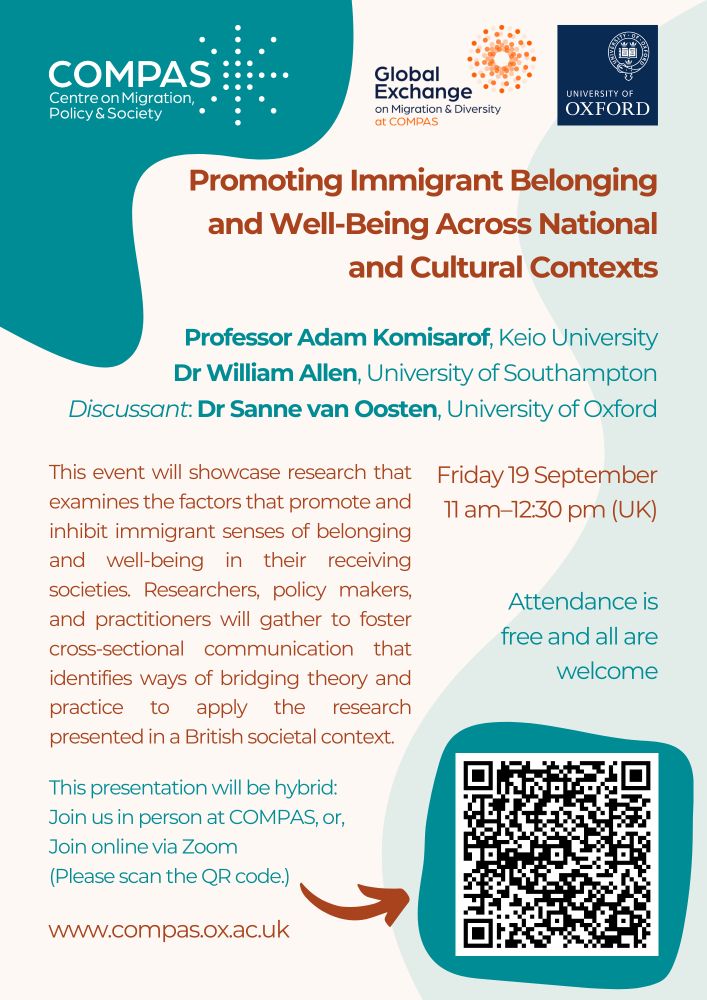 A flier advertising a free seminar titled 'Promoting Immigrant Belonging and Well-Being Across National and Cultural Contexts' hosted by Oxford's Centre on Migration, Policy, and Society on 19 September at 11.00, both in-person and on Zoom. There is a QR code image in the lower righthand corner which leads to the registration page.
