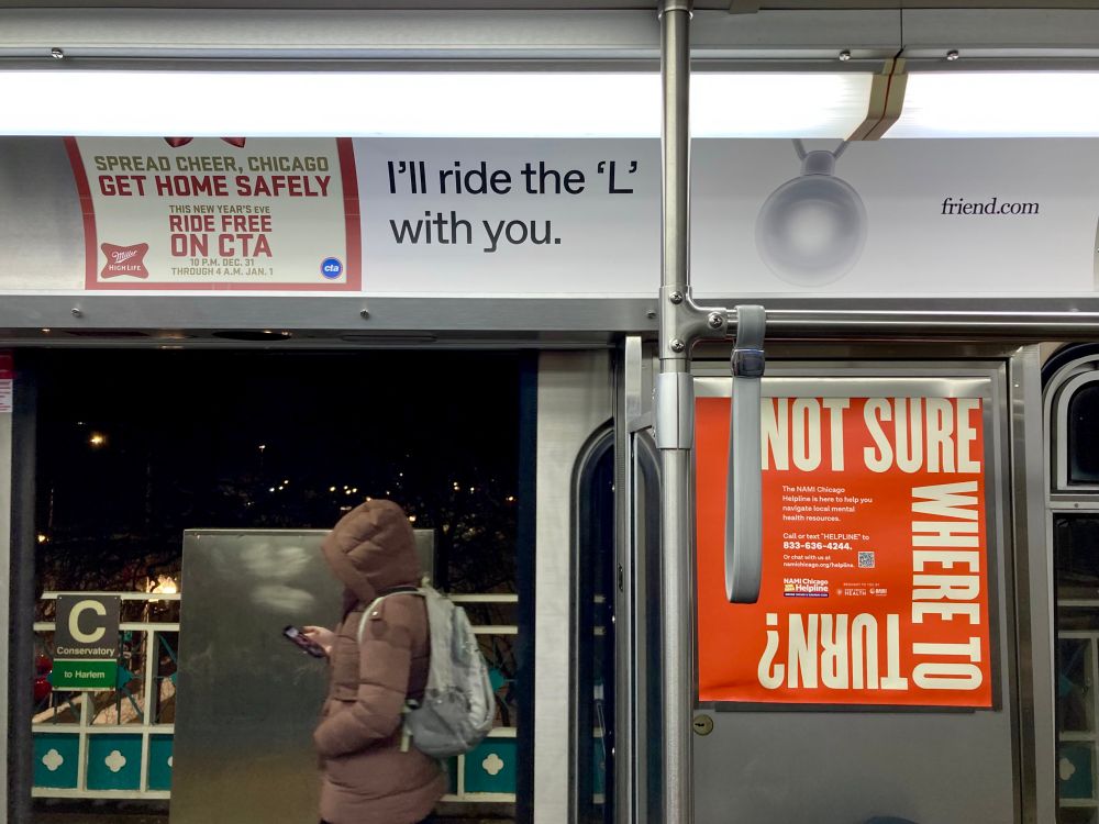 A CTA green line car with doors open at Conservatory. 

Three ads are featured:
- a “get home safely, ride free on New Years Eve” ad
- an creepy AI add for a chatbot that reads like a stalker
- a mental health ad titled “not sure where to turn?”