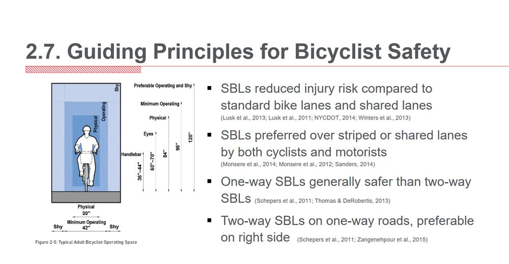 2.7. Guiding Principles for Bicyclist Safety

. SBLs reduced injury risk compared to standard bike lanes and shared lanes
(Lusk et al., 2013; Lusk et al., 2011; NYCDOT, 2014; Winters et al., 2013)

. SBLs preferred over striped or shared lanes by both cyclists and motorists
(Monsere et al., 2014; Monsere et al., 2012; Sanders, 2014)

. One-way SBLs generally safer than two-way SBLS
(Schepers et al., 2011; Thomas & DeRobertis, 2013)

. Two-way SBLs on one-way roads, preferable on right side
(Schepers et al., 2011; Zangenehpour et al., 2015)
