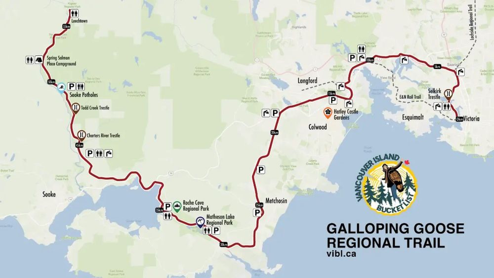 A map of the Galloping Goose Regional Bike Trail, going through Victoria, Saanich, and Langford before heading into less populated areas west. the E&N trail is also marked, a more direct shot between Victoria and Langford.