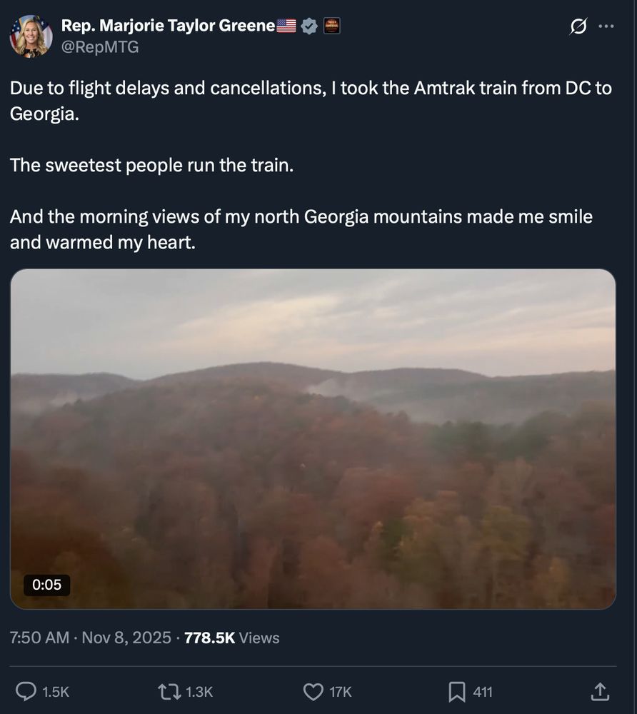 Tweet from Marjorie Taylor Greene:
Due to flight delays and cancellations, I took the Amtrak train from DC to Georgia.
The sweetest people run the train.
And the morning views of my north Georgia mountains made me smile and warmed my heart.