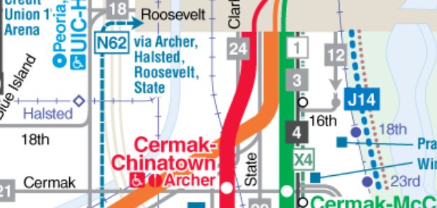 The CTA map showing a gap in grey bus service lines at 18th Street between State and Michigan.