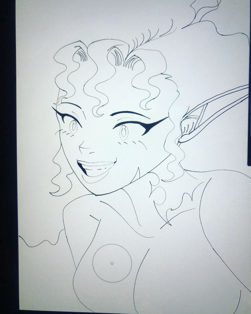 Black and white digital drawing of a black character anime style 