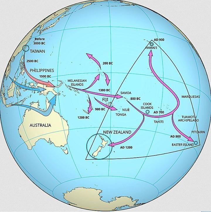 Beginning around 3000 BC, the migration spread southeast through the Philippines, Melanesia, Fiji, Samoa, and into central and eastern Polynesia by AD 700–1000. 

Using advanced seafaring techniques and navigating by stars, waves, and bird patterns, these early settlers reached distant islands like Hawaii, Easter Island, and New Zealand. The image reflects the "Out of Taiwan" theory, showcasing humanity's remarkable journey across vast ocean expanses, driven by agricultural needs, overpopulation, and exploration.