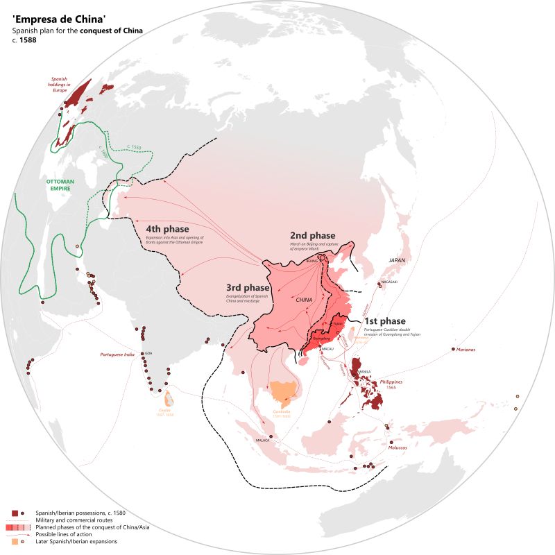 Motivated by a desire to gain control over lucrative trade routes and spread Christianity, the Spanish sought to exploit the decline of the Ming Dynasty. The plan involved sending forces from the Philippines to invade China, but internal conflicts, logistical challenges, and the strength of the Ming military thwarted these ambitions. While the enterprise never materialized, it reflected Spain’s broader strategy to dominate the Pacific and strengthen its global empire.