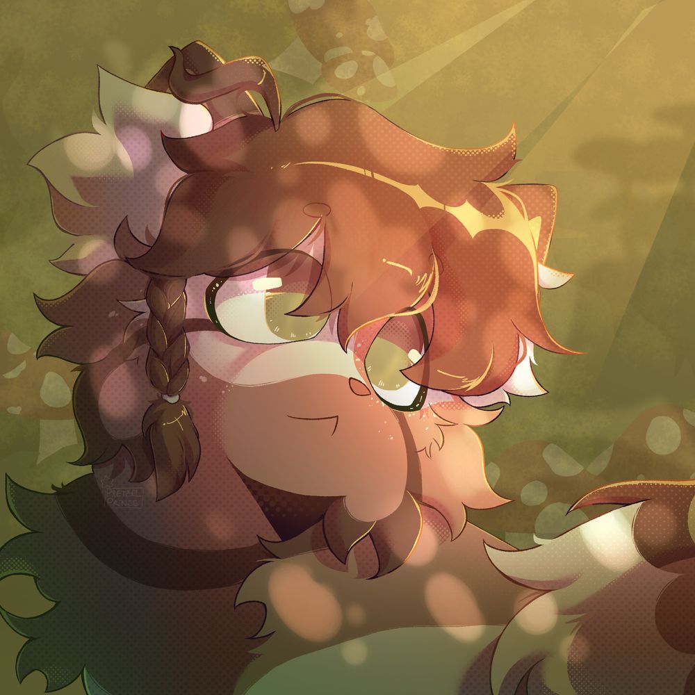 A brown cat character, depicted from the shoulders up, looking upwards at rays of sunlight coming down on them. They are among big leaves and toadstools. Another version without the greenery in the foreground accompanies it.