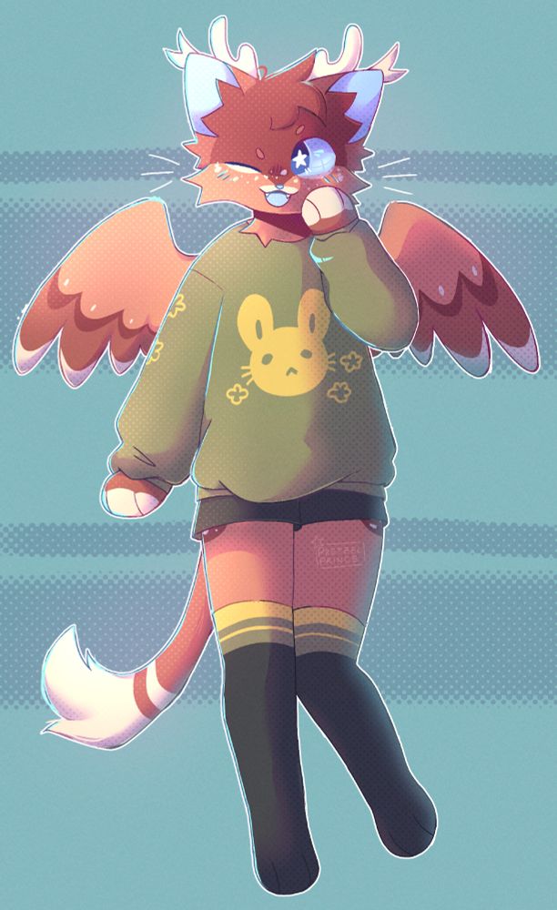 Pretzel, a humanoid cat with wings and antlers, is floating upright on a teal background. He is winking with one paw reaching up to his face, and the other by his side. He is wearing a green jumper with a yellow bunny face on it, green shorts and long green socks. The piece is shaded with halftone textures.