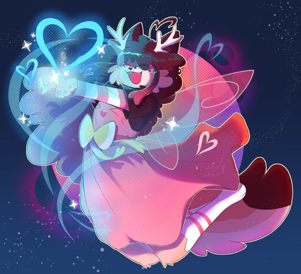 SUMMARY: Anthro cat character with a pink dress, antlers and wings doing some blue, shiny magic.

ID: Anthro cat character posed as if they're leaping in the air, with skirt blown backward and long hair forward. They are dressed in long cat-eared socks, a pink dress, tied with a bow at the waist, with a brown t-shirt underneath and striped sleeves. They have a fluffy tail, antlers, and pink fairy wings. There is a happy expression on their face, and both arms are stretched out in front of them. Above their paws there is a blue, glowing heart shape with other blue coloured wisps and sparkles in the surrounding area. The magic casts a blue light on them. 