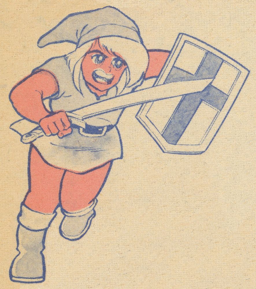 A magazine line drawing of Link from the original Legend of Zelda. It's done in blue line work with peach colored skin tone that's poorly overlaid, but it gives it a fun look. His sword and shield are out and he's running forward. 