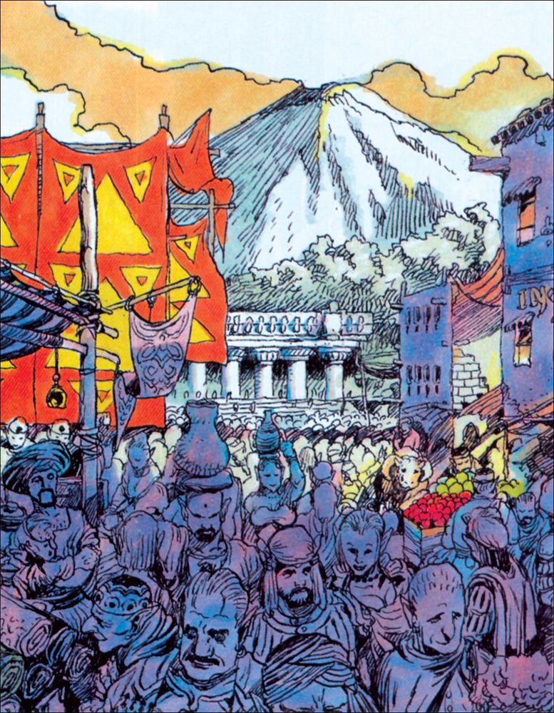 An illustration. Masterful linework colored rather simply with just a few watercolors. There is a crowd of people in a busy market. Triforce banners hang above them, there is a pillared temple in he background and a large mountain towering in the distance.