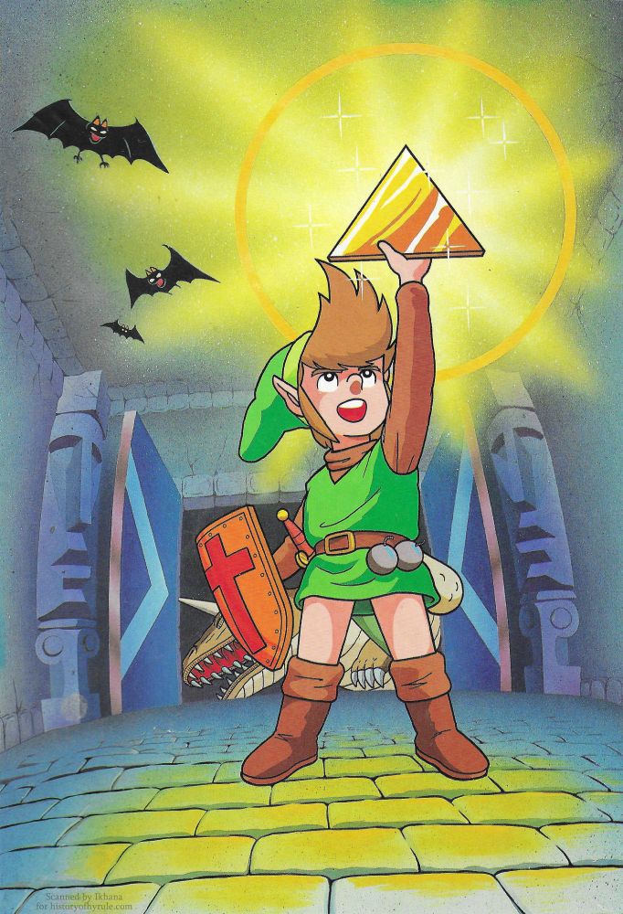 Link from The Legend of Zelda triumphantly holds up a piece of the Triforce in a dungeon room. There appears to be a defeated dodongo through the doors directly behind him.