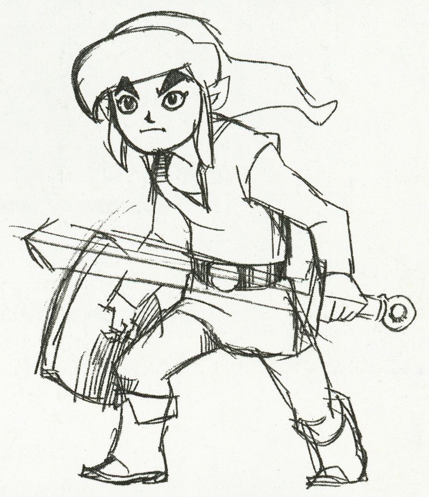 A line art concept sketch from Zelda Wind Waker of Link in the toon style but he's a much taller an older teen or young adult. 