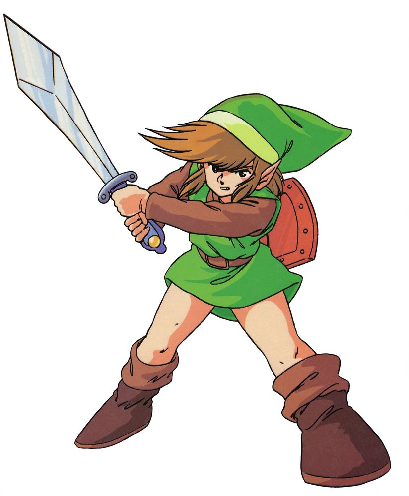 Link from the original Legend of Zelda: The Hyrule Fantasy holds a sword and looks ready to fight. It was done as a traditional animation cel