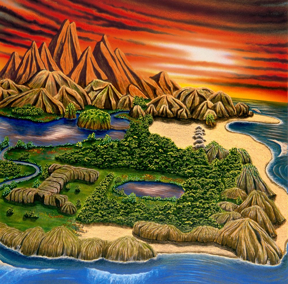 A illustration of Hyrule from the original Legend of Zelda. It's stylized, the sky has bands of red-black clouds and sky, almost like a sunset. There's very pointy mountains in the background, then rounded mountains, then jungle and beaches, with a lot of lakes, and it's shaped like a peninsula surrounded by ocean.