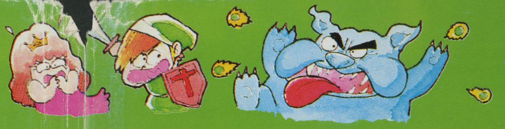A cartoonish illustration of Link fighting an angry Ganon, who looks like a blue bulldog. He's shooting fireballs and Link appears to be parrying one away from a scared Princess Zelda.