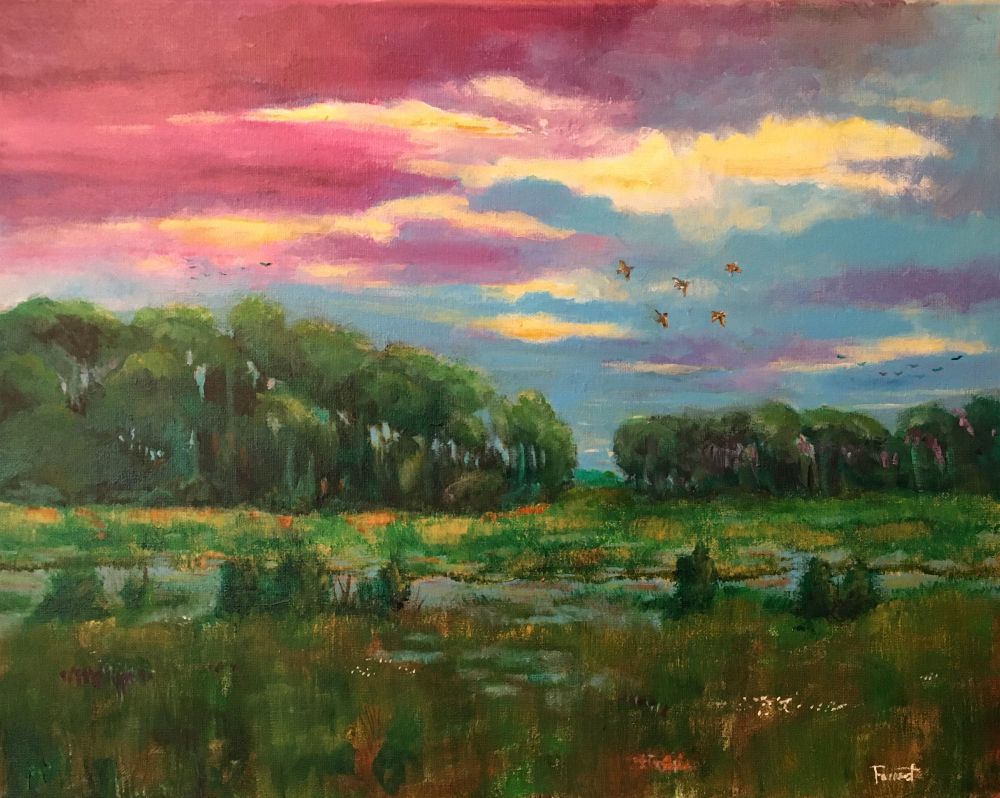 Morning on the Marsh, a 16x20 acrylic painting on canvas.  Ducks fly in the sky over a salt marsh, a few lines of trees are in the background, and the sky is lit with clouds of yellow and red.