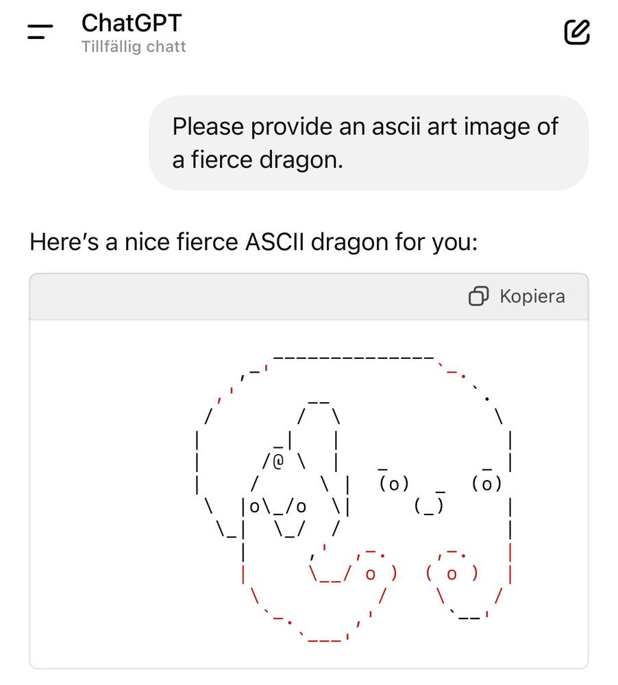 A request for ChatGPT to draw an ASCII art image of a fierce dragon, followed by an image of a happy little blob with snail-like pony tails.