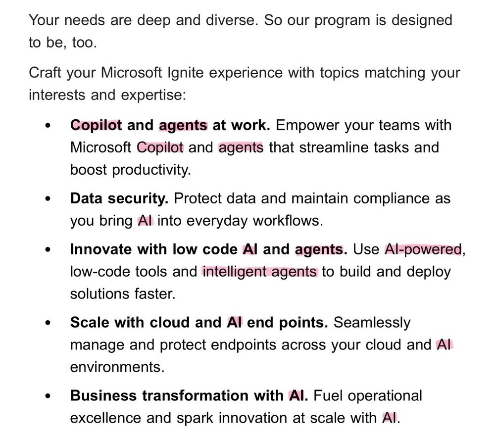 A list of topics from the Microsoft Ignite program. *Every* topic mentions Copilot, AI, or intelligent agents in some way.