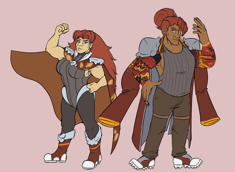 Humanized forms of the legendary Pokémon Heatran. On the left is a female version while a male version stands on the right.