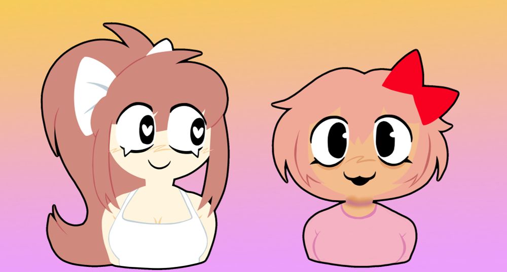 A experiment with lineless art. The characters are Monika (long hair) and Sayori (red bow) from Doki Doki literature club :3