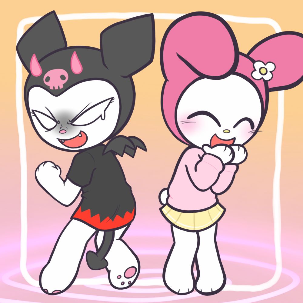 Digital art of My Melody and Kuromi. Kuromi is upset while My melody is giggling :3
