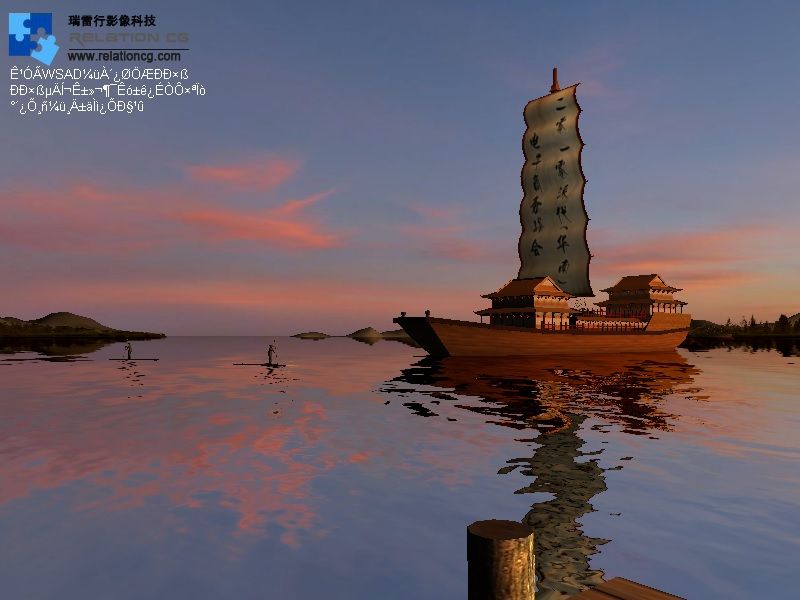 an image of a ship with a massive sail in a large body of water. There are two smaller personal boats with one person standing and rowing in each.