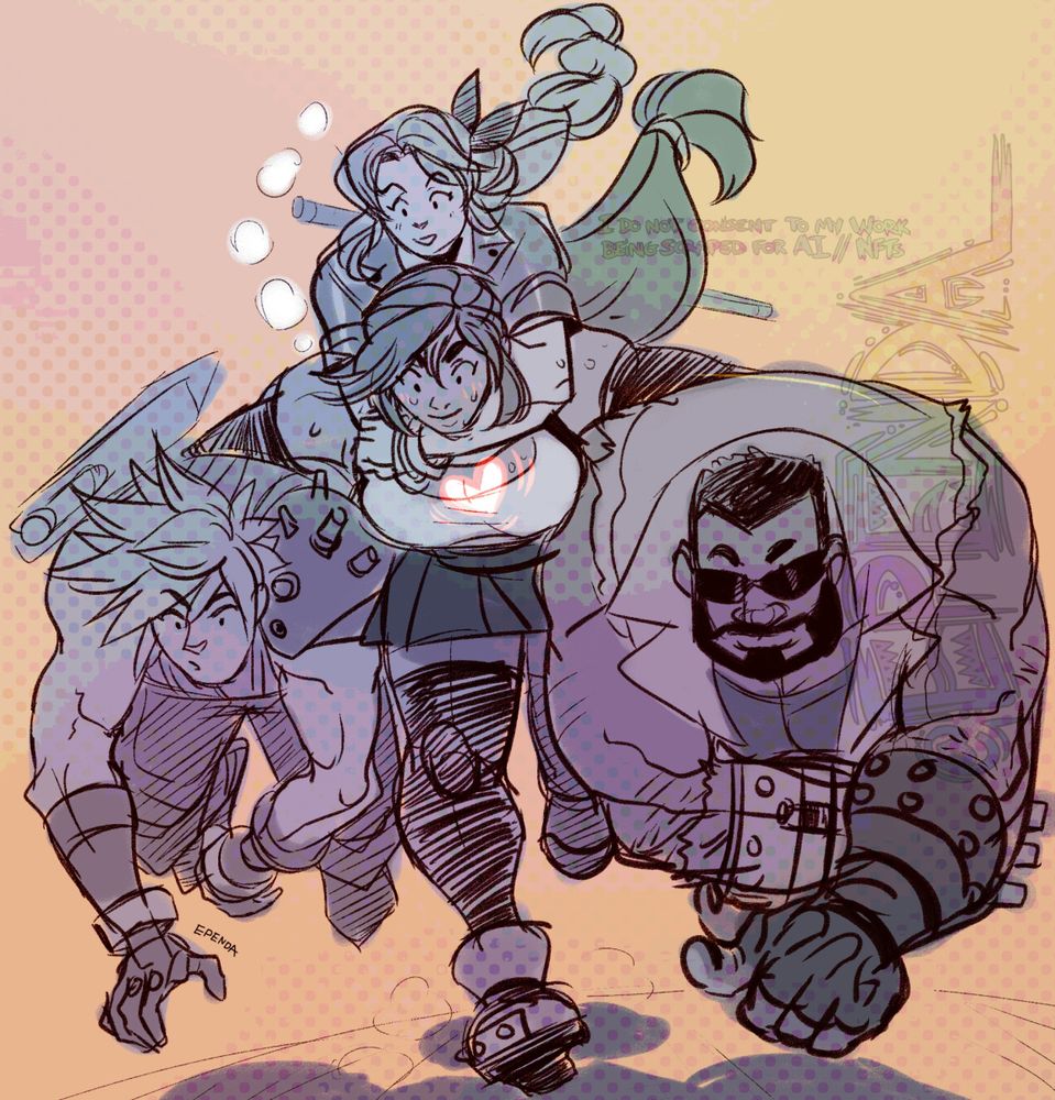 final fantasy 7 characters, tifa carrying cloud and barret with aerith on her back.
Shes buffer, blushy but so happy in this moment