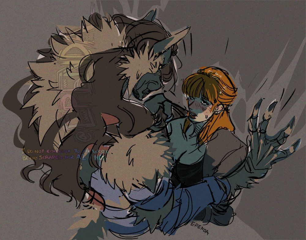 a towering susan ivanova werewolf from babylon 5 tugs at her telepath, lyta's clothes. these are just the games they play, its consensual.